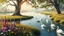 Placeholder: a beautiful river in country side and big tree,wild flowers and swans in river 2 pretty Deer with horns in plants,butterflies around flowers,heaven escape