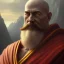 Placeholder: Portrait of a monk, red robe, mountain background, fog, face front, grimdark, Frank Frazetta, Greg Rutkowski, hyperdetailed, dnd, trending on Artstation, Splash screen art, dynamic lighting, hyperdetailed, intricately detailed, a masterpiece, 8k resolution, high contrast, bearded,