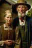 Placeholder: Color Portrait of an old Appalachian farmer couple early 1900s, beautiful painting with highly detailed face by greg rutkowski, Lee Jeffries, magali villanueve Modifiers: extremely detailed oil on canvas photorealistic New Age: American Gothic An elderly couple in vintage farm attire stand before a barn, the woman holding a basket of fruit and the man clutching a pitchfork.