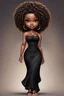 Placeholder: create a digital airbrush image of a chibi curvy black female wearing a black maxi dress and black sandals. Prominent make up with brown eyes. Highly detailed wild tight curly afro.