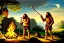 Placeholder: caveman holding a club, cave, cave bear, campfire, stone age, oil painting, masterpiece, mellow, dawn,