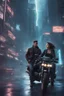 Placeholder: Science fiction, cyberpunk, city street, couple girl and guy, together, love at first sight, forbidden love, storm, lightning, motorcycle