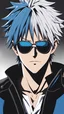 Placeholder: A drawing of Satoru Gojo is a fictional character from Gege Akutami's manga Jujutsu Kaisen. snow-white hair, black attire. the Six Eyes vibrant blue color. covers his eyes with a black blindfold which props up his hair and gives it a spikier appearance. wear sunglasses, hair down to reach the base of his neck. Incredible fantasy kingdom. realistic colors, dreamy colors, dazzling reflected light, fantasy, たろたろ pixiv art, highly detailed, dynamic composition, Aom♡, art by Hiten pixiv