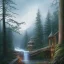 Placeholder: fantasy art, book illustration, sitting by a big log bonfire, in the background the stairs of a dam in the magical forest ,icy water