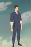 Placeholder: full body portrait of a young male librarian with a lanky build