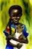 Placeholder: A cute smiling african girl is holding a kitten. Watercolour