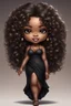 Placeholder: create a digital airbrush image of a chibi curvy black female wearing a black maxi dress and black sandals. Prominent make up with brown eyes. Highly detailed wild tight curly hair.