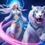 Placeholder: (masterpiece, best quality, 8k, RAW photo, beautiful and aesthetic:1.2), complex detail, Indirect light, photorealistic, (((full body))), 2 Gorgeous Cosmic asian goddess smiling, long white hair, blue eyes, Mixed, sci-fi and traditional asian outfit with pink velvet and white furs, riding a white tiger who is running in a colorfull snowy landscape with bokeh