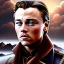 Placeholder:  fantasy art, photorealism, realistic portrait of a young leonardo di caprio, movie poster, titanic in the background, book cover illustration