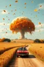 Placeholder: a nuclear explosion mushroom cloud that looks like a autumn tree full of leaves, leaves falling everywhere. bottom 2/3 is a curved dirt road through a wheat field, a wind is blowing away from the tree. a business front is in the middle of the left field, on the road is a 1970 Camaro convertible with 2 animated racoons inside