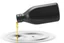 Placeholder: whole bottle(black plastic, 1 liter, quart, generic motor oil) floating on an angle in middle of image while pouring(oil) down from the opening. white background, Smooth vector