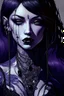 Placeholder: painting of a woman with dark purple-black long hair and black tattoos on her body, a cold, indifferent expression, silver and black onyx jewelry, black lace dress, cybernetics, crepy stunning anthropomorphic female, Minjae Lee vibe, cbybernetic and etheral human, ancient deity, by Vincent Lefevre and Yoshitaka Amano