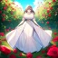 Placeholder: gorgeous anime girl wearing a yellow and white dress ,standing in a meadow of flowers, spreading rose pedals on the ground. beautiful eyes and a stunning smile, blue eyes