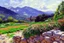 Placeholder: Mountains, sunny day, cloids, stone wall, flowers, pathways, grass, vegetations, distant trees, impressionism painting