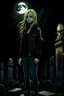 Placeholder: A young girl, golden blonde wavy hair , green eyes, heavy black, eyeliner, black eyeshadow, black lipstick, sharp facial features, (face like a young Nancy Allen) dressed in a black Demin jacket, black jeans, black boots, leaning solemnly against a tall headstone, at night, looking at out at the sky ( hand drawn realistic highly detailed )