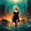 Placeholder: Marilyn Monroe, a fishing rod in hand, stands in murky waters of a post-apocalyptic underwater city. surreal scene , dreamlike, metropolis submerged in chaos , blood and danger. in the sunsets she stands with a fierce sense of power, surrounded by circling sharks. The sharks' teeth moving in the light, add to the tension. weirder the better. Bigger monsters. Stronger hero