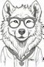 Placeholder: Outline art for cute coloring pages with wolf with glasses, full body, white background, sketch style, only use outline, clean line art, no shadows and clear and well outlined.