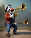 Placeholder: mechanoid happy friendly fat clown playing jazz with a steampunk theme, trumpet, realistic