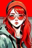 Placeholder: japan teenager girl with red hair wearing a sporty sweatshirt and baseball cap and sunglasses with red lenses, digital paint style, cartoon background, 80's,
