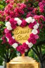 Placeholder: hyper realistic image of a vibrant heart shape of magenta and white roses in a circle arrangement, In the center of the heart, there is a golden plaque that says details text "Dewi Cinta " in large golden cursive letters, . The entire composition is placed on a golden base, the lush green tree background with vibrant colorful flowers gives a touch of elegance and luxury. ultra HD 64k hyperrealism