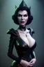 Placeholder: Lene Nystrøm as evil queen in black leather, busty, cleavage, voluptuous, Aqua Lene, angry, stern look. character design by cory loftis, fenghua zhong, ryohei hase, ismail inceoglu and ruan jia. unreal engine 5, artistic lighting, highly detailed, photorealistic, fantasy