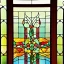 Placeholder: circular wrought iron frame window with stained glass effect, highly detailed, intricate, warm colors, linen backdrop