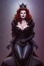 Placeholder: Geena Davis as evil queen in black leather, leather, busty, cleavage, angry, rage, stern look. character design by cory loftis, fenghua zhong, ryohei hase, ismail inceoglu and ruan jia. unreal engine 5, artistic lighting, highly detailed, photorealistic, fantasy