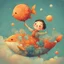 Placeholder: Charming stylized characters. Large heads, big expressive eyes, small, delicate features. Done in the playful and minimalist style of modern children’s book illustration. Diffused outlines, misty, dream-like quality. Colors are warm and subdued illustrating a cheerful demeanor. With a touch of quirkiness. Show me a cute young kid with a balloon in the shape of a big fractal-decoration-covered fish standing on s little planet floating in a sky painted with stars, suns and planets like ones one wo