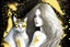 Placeholder: long haired woman with cat, white watercolor and black ink, golden glitters