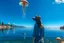 Placeholder: woman standing next to a lake looking at flying mushrooms, with jellyfish tenacles in a blue sky