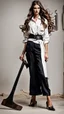 Placeholder: Full body athletic Ukraine female with black wide leg pants, white blouse, face made of a Greek sculpture , long hair, holding a trench cleaver, flat leather pouch on belt, thick heeled shoes