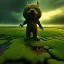 Placeholder: hyperrealistic shot, rusting and moss covered giant mascot, earth color palette, sharp focus, puddle reflection, water splash, refraction, bats flying, rain and lightning on the horizon, shadowcast, detailed and intricate, cinematic composition, tilt shift photography