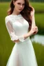 Placeholder: full shot body of Woman portrait with fairly pale skin , green eyes, long auburn hair, and wearing a pretty lace dress . Her outfit is a sexy dress , nice sport shoes. country side ,small lake with a hose in side,