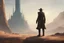 Placeholder: gunslinger walking towards a large tower in a sci-fi world