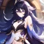 Placeholder: Clear focus,High resolution, Black long fluffy hair, and purple eyes, wearing a Genshin Impact Inspired Outfit,Detailed Clothes,A little bit revealing, must wear a short skirt