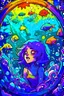 Placeholder: A purple-haired girl locked in a bubble under the sea, with sharks and demon fish, scared, dark sea-colored background, only a few flashes of colorful fish around the bubble