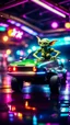 Placeholder: sexy dragster stunt alien gremlin on the car roof posing on a hipster car parked in dark neon lit reflective wet arcade hall tunnel,bokeh like f/0.8, tilt-shift lens 8k, high detail, smooth render, down-light, unreal engine, prize winning