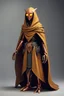 Placeholder: slim copper robot, dungeons and dragons, yellow eyes, wearing cloak