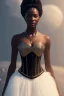 Placeholder: A portrait of a beautiful youthful black woman, wearing a corset, long silky black hair in ponytail, wizard, magical, ethereal, soft bright lighting. Concept art by wlop. Ultra quality 8k. Fantasy setting.