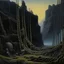 Placeholder: A black spongy fortress filled with chains painted by Caspar David Friedrich