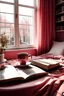 Placeholder: PinkRoom , bed , tablet , cup of coffee , books , big window