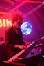 Placeholder: French cool synth player with crazy techno acid hair, he is called "Jean-Maurice Brûlée" performing at dance club, his name is "Jean-Maurice Brûlée" , white and orange Neon lights and oraNGE smog, and "URINIUM" big sign on the wall, he is playing on synthesizers on stage with lot of laser beams and wearing black sunglasses, an earth is projected in background