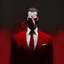 Placeholder: a sinister figure wearing a red suit with a red tie with no face and dirty slicked back hair