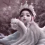 Placeholder: smooth hyper realistic, beautiful Japanese snow flower in crown, pale colors, dark cosmos background, cat еye, extremely sharp detail, finely tuned detail, ultra high definition, 8 k, unreal engine 5, ultra sharp focus, accurate sword wings, positive smile, lot of details, fit within portrait, Ambiance winter, perfect composition, perfect hair, perfect hands, finger up gestures