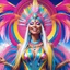 Placeholder: full body photorealistic portrait of a beautiful smiling amazonian carnival spiritual goddess with long parma white hair, colorful feathers tight hips with a tron like body suit tribute to the galaxy in a cosmic surounding only blue , pink and yellow, crystal jewels