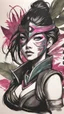 Placeholder: bits of color, furistic Sketch book, hand drawn, dark, gritty, realistic sketch, Rough sketch, mix of bold dark lines and loose lines, bold lines, on paper, akali, ninja girl, league of legends, eyes mask, leaves, animals, runes, dark theme,