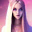 Placeholder: beautiful, soft, smiling face, whole head, long straight blonde hair blues eyes, crown on the head, clothing in transparent bluish and pink veil, background brillante bluish and pink, hight definition, 8K