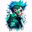 Placeholder: -shirt design, cyberpunk, art boys for style tattoos, blue green hair, there is a written name logo "digi" below, Grafity style, White background.