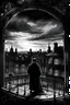 Placeholder: The court was very cool and a little damp, and full of premature twilight, although the sky, high up overhead, was still bright with sunset. Victorian London, black and white. A man behind a window, pencil sketch, damp ground.