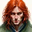 Placeholder: dnd, fantasy, watercolour, stylistic, portrait, illustration, dull colours, male, face, narrow long face, weathered face, green eyes, determined, happy, red hair, very long hair streaming down the shoulders, radiating light, five o'clock shadow, softer facial features